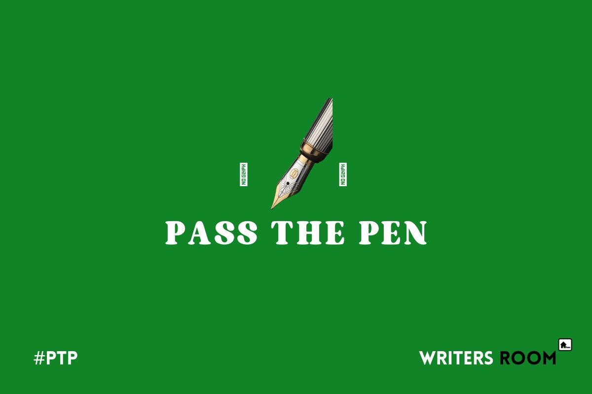 Pass The Pen, PTP event cover, a fountain pen nib on a forest green background